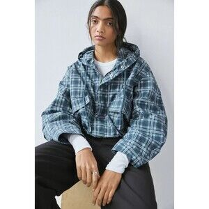 Urban Outfitters BDG Casey Cropped Windbreaker Jacket Plaid Blue Small